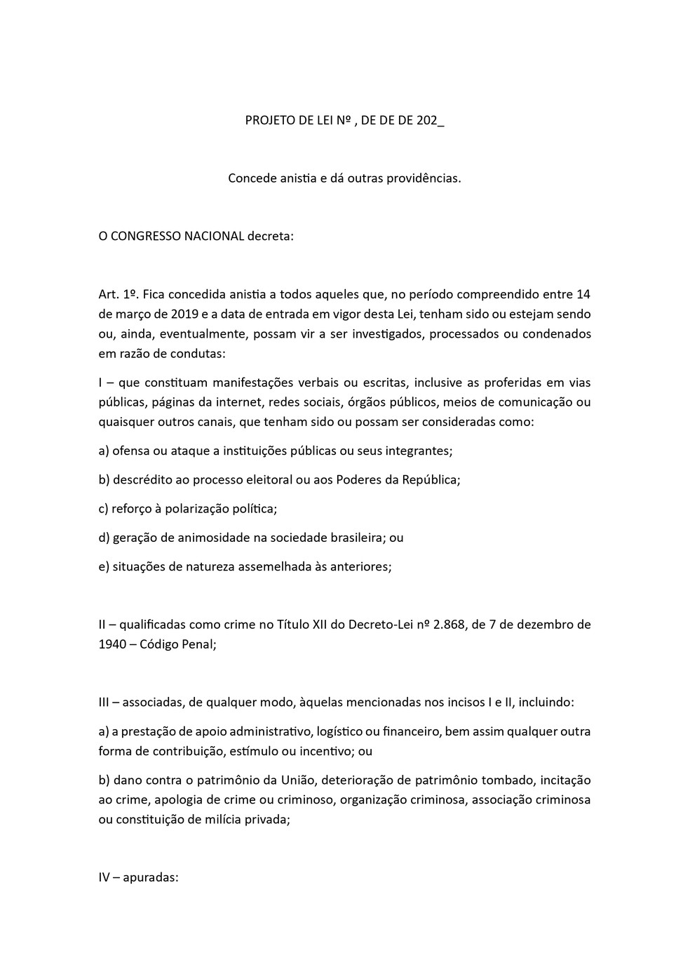 Página 1 de um dos projetos de anistia na Câmara dos Deputados — Foto: Reprodução