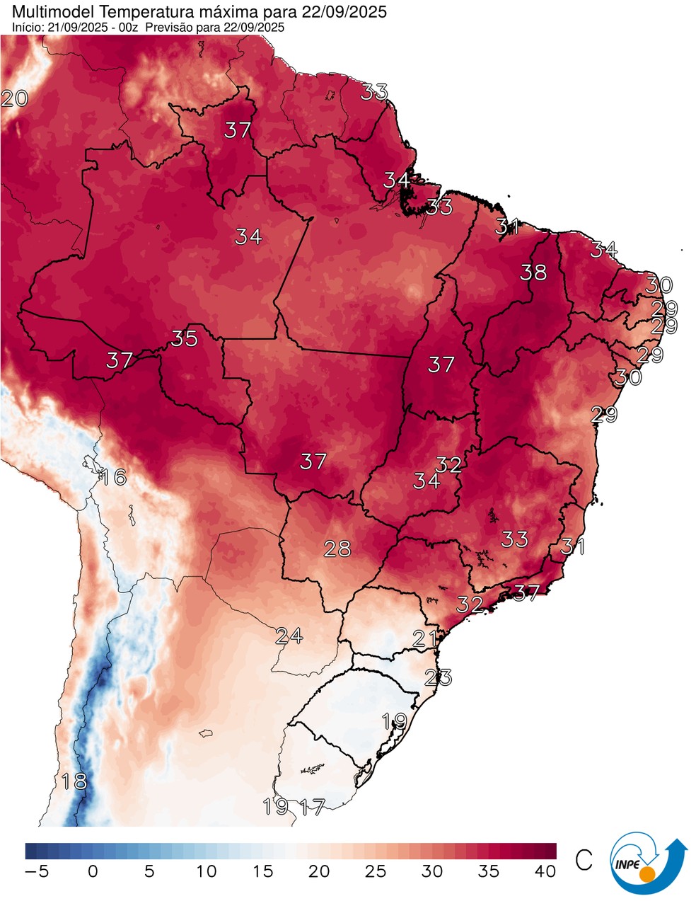 Mapa mostra previsão de temperatura máxima para esta segunda (22). — Foto: CPTEC/Inpe