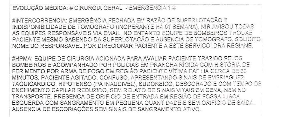 Trecho da ficha de atendimento de Marco Aurélio Cardenas Acosta, estudante morto pela PM. — Foto: Reprodução