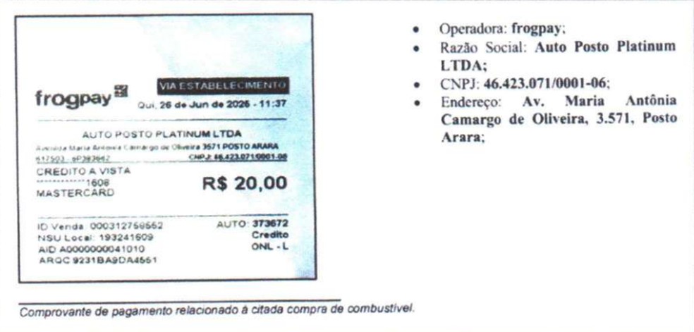 Comprovante de pagamento em posto alvo de mandado de busca e apreensão na terça-feira (21) — Foto: Reprodução/TV Globo