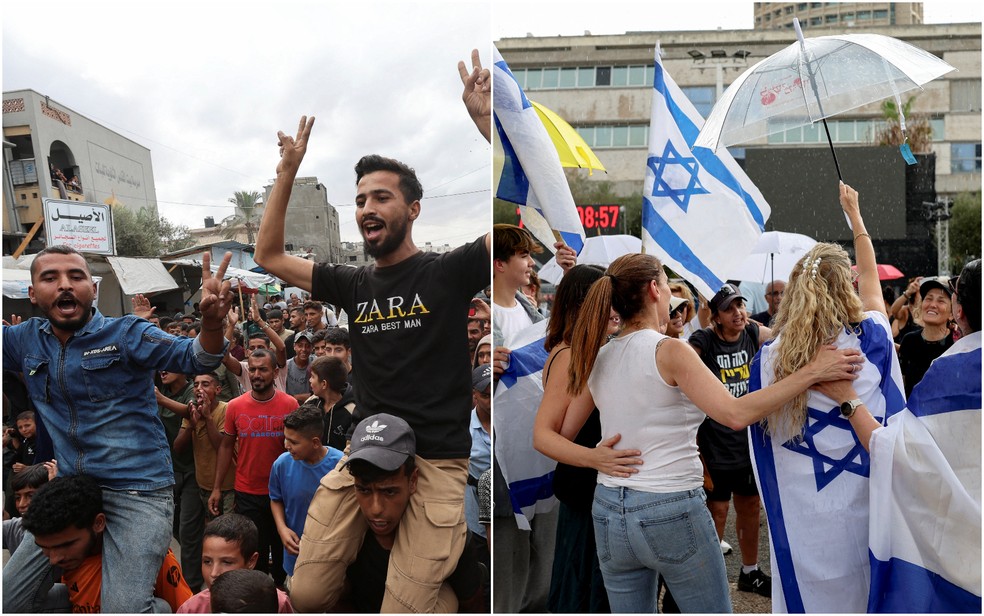 Pessoas em Gaza e em Tel Aviv celebram acordo de paz entre Israel e Hamas — Foto: Reuters/Ramadan Abed; Reuters/Ronen Zvulun