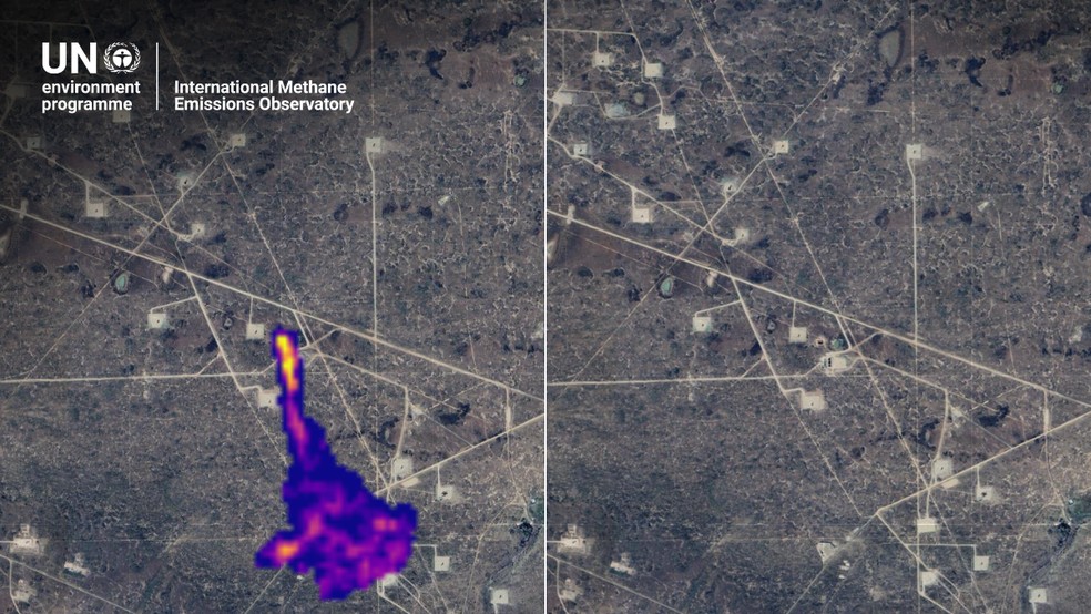 Imagem de satélite mostra vazamento de metano em Meseta Espinosa (Argentina), detectado em abril de 2025. A emissão, ligada à produção de petróleo, teve impacto climático diário equivalente ao de 1,4 mil carros rodando por um ano. — Foto: DLR/EnMAP e Google Earth - IMEO/PNUMA