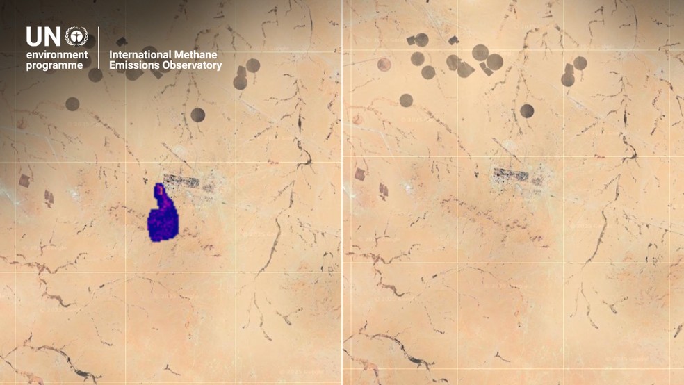 Satélite da NASA detecta vazamento de metano no campo de Al-Akkas (Iraque), em abril de 2025. A emissão teve impacto diário equivalente a 740 carros em um ano. — Foto: NASA/EMIT e Google Earth — IMEO/PNUMA