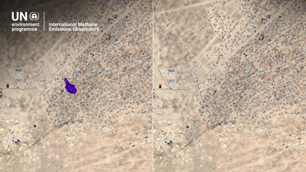Satélite registra vazamento de metano na bacia Mesopotâmia Foredeep (Iraque), observado em agosto de 2024. A emissão teve impacto diário equivalente a 1,2 mil carros em um ano. — Foto: NASA/EMIT e Google Earth — IMEO/PNUMA