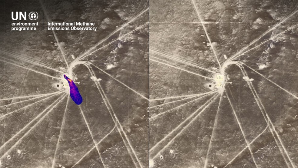 Imagem de satélite mostra vazamento de metano em Faregh-Argub (Líbia), detectado em maio de 2025. A emissão teve impacto diário equivalente a 2,4 mil carros em um ano. — Foto: ESA/Sentinel-2 e Google Earth — IMEO/PNUMA