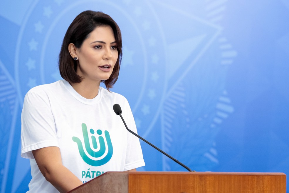 A ex-primeira dama, Michelle Bolsonaro (PL), em discurso no Palácio do Planalto em 07/04/2020. — Foto: Carolina Antunes/PR