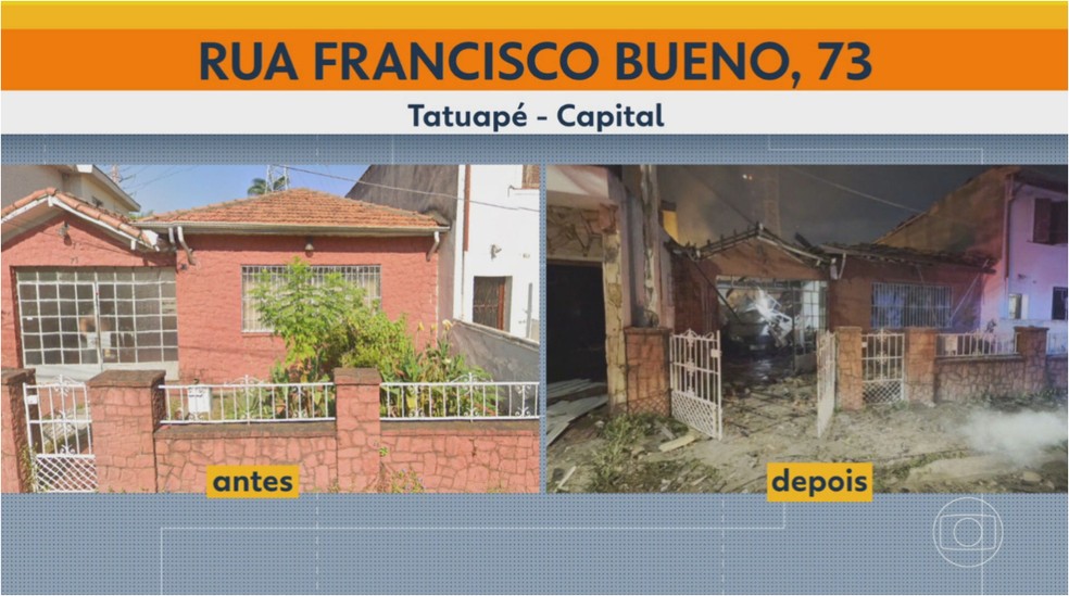 Casa antes e depois de explodir no Tatuapé — Foto: Reprodução/TV Globo