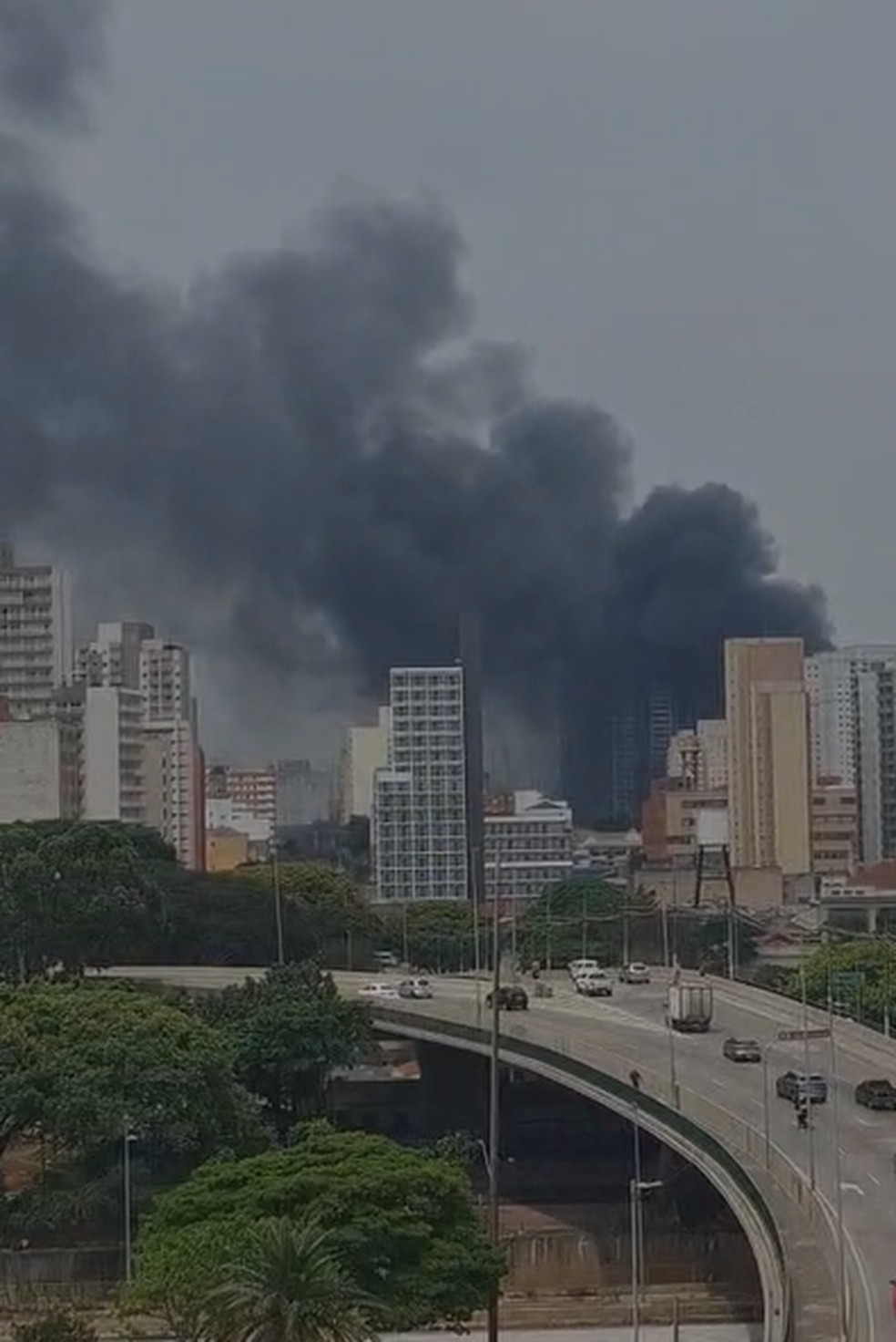 Coluna de fumaça vista do Centro da cidade — Foto: Reprodução