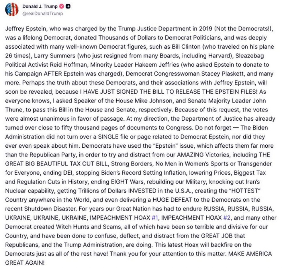 Comunicado de Donald Trump sobre sanção de lei envolvendo caso Epstein — Foto: Reprodução