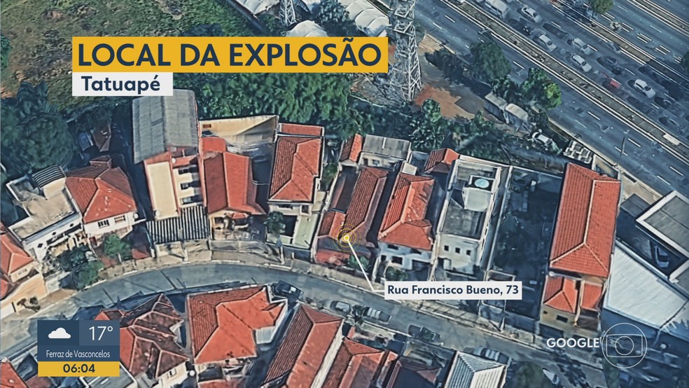 Local da explosão foi na rua Francisco Bueno, 73, no Tatuapé, Zona Leste de São Paulo. — Foto: Reprodução/TV Globo