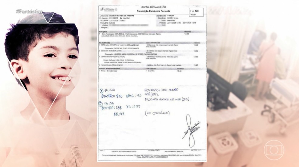 Imagem da prescrição de adrenalina para Benício — Foto: Reprodução/Fantástico