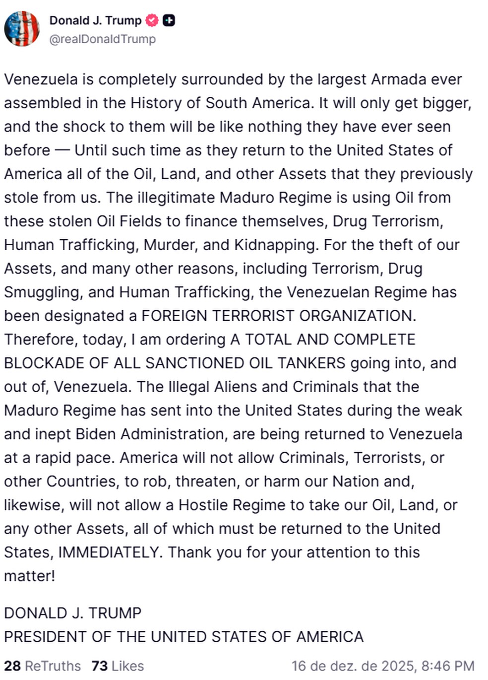 Trump diz que Venezuela está completamente cercada — Foto: Reprodução