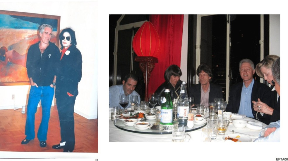 Fotos mostram Epstein ao lado de Michael Jackson e jantar com Bill Clinton e Mick Jagger — Foto: Departamento de Justiça dos EUA