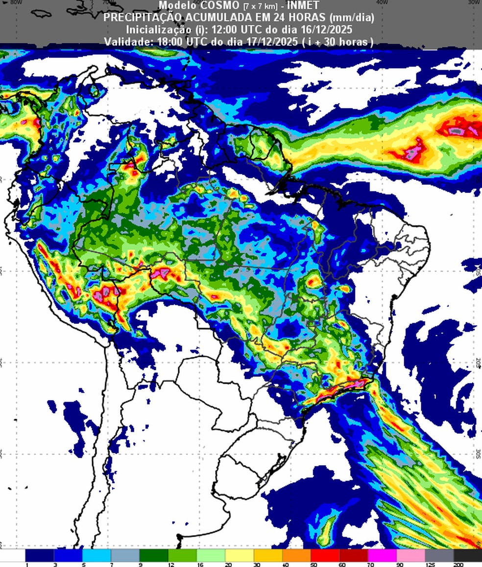 Modelo meteorológica mostra corredor de umidade que traz instabilidade para boa parte do país. — Foto: Inmet
