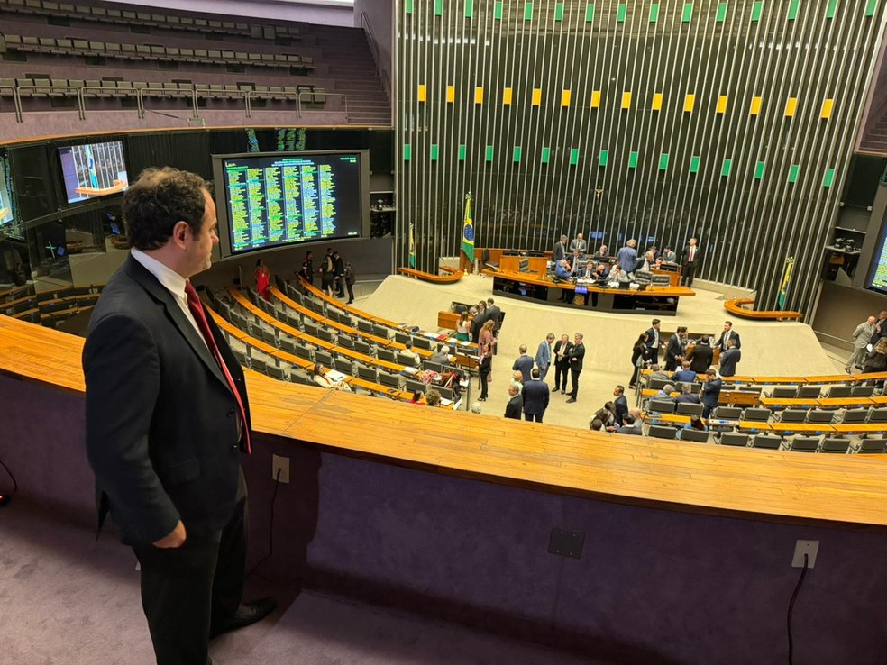 Glauber Braga (PSOL-RJ) observa plenário da Câmara antes de votação cassação de seu mandato — Foto: Fernanda Rouvenat/GloboNews
