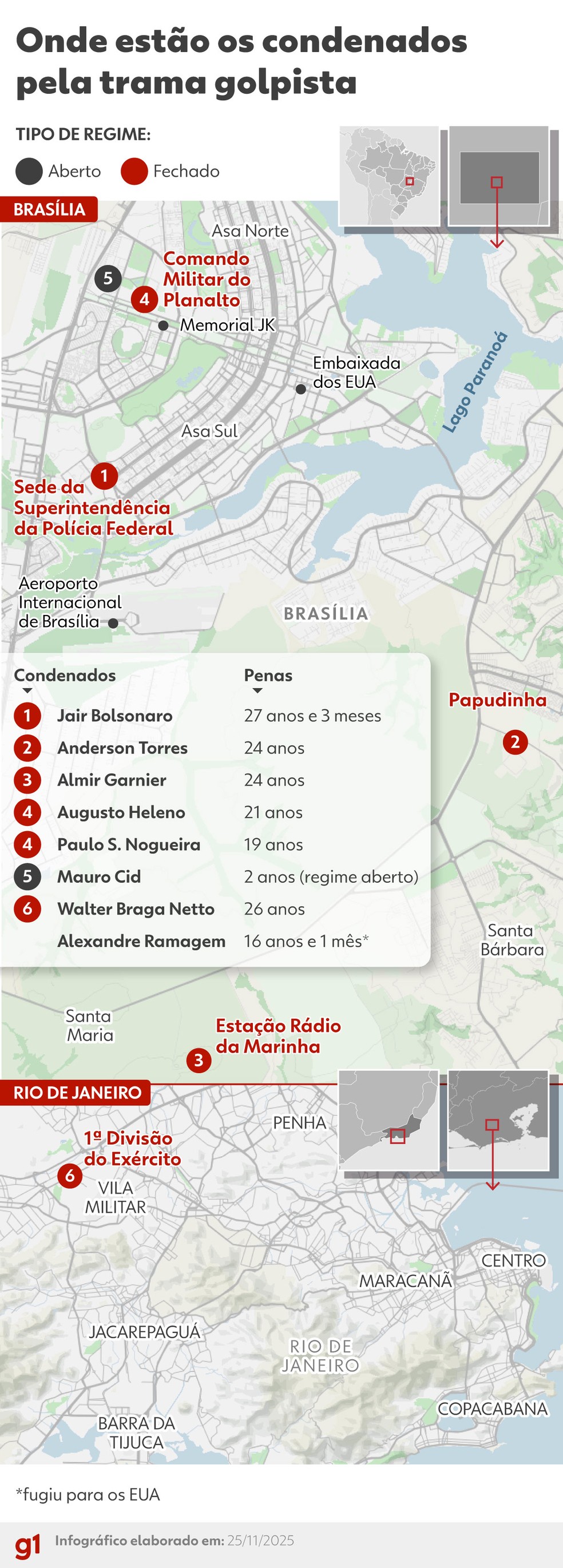 Infográfico - Infográfico - Mapas mostram localização dos presos e condenados pela trama golpista. — Foto: Arte/g1