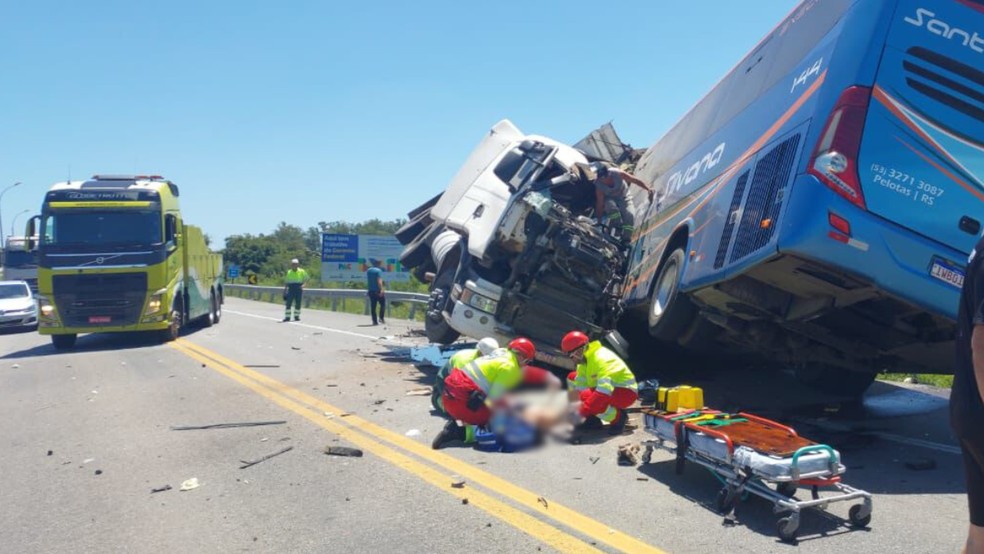 Caminhão colidiu com ônibus na BR-116, em Pelotas — Foto: Divulgação/Ecovias Sul