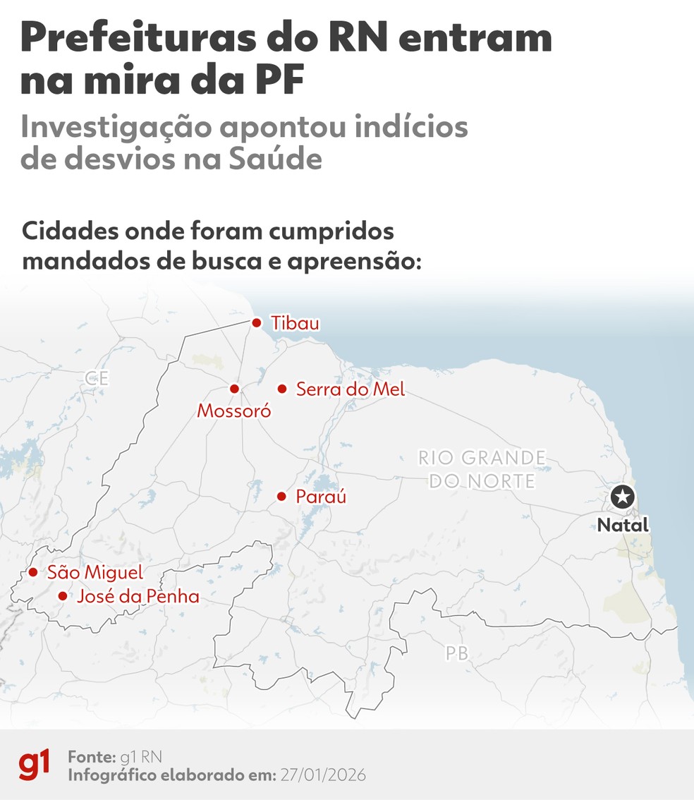 Infográfico mostra as cidades alvo de mandados de busca e apreensão no RN — Foto: g1