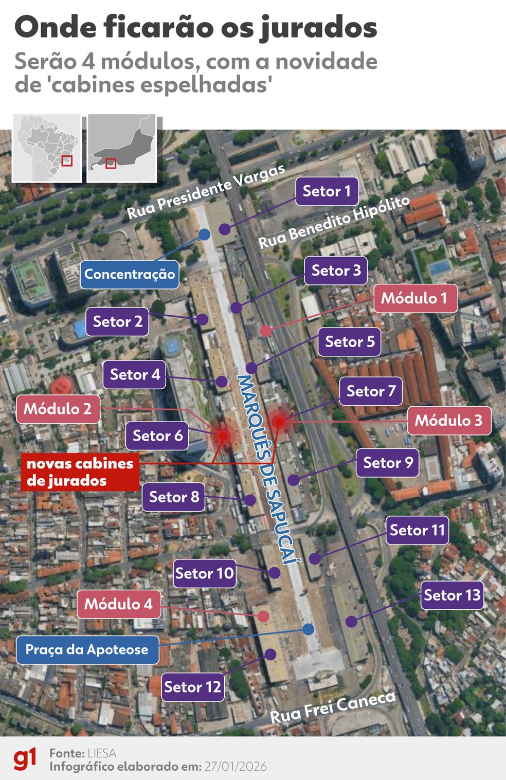 Mapa mostra onde estarão os jurados do carnaval carioca — Foto: Infografia: Dhara Pereira/g1
