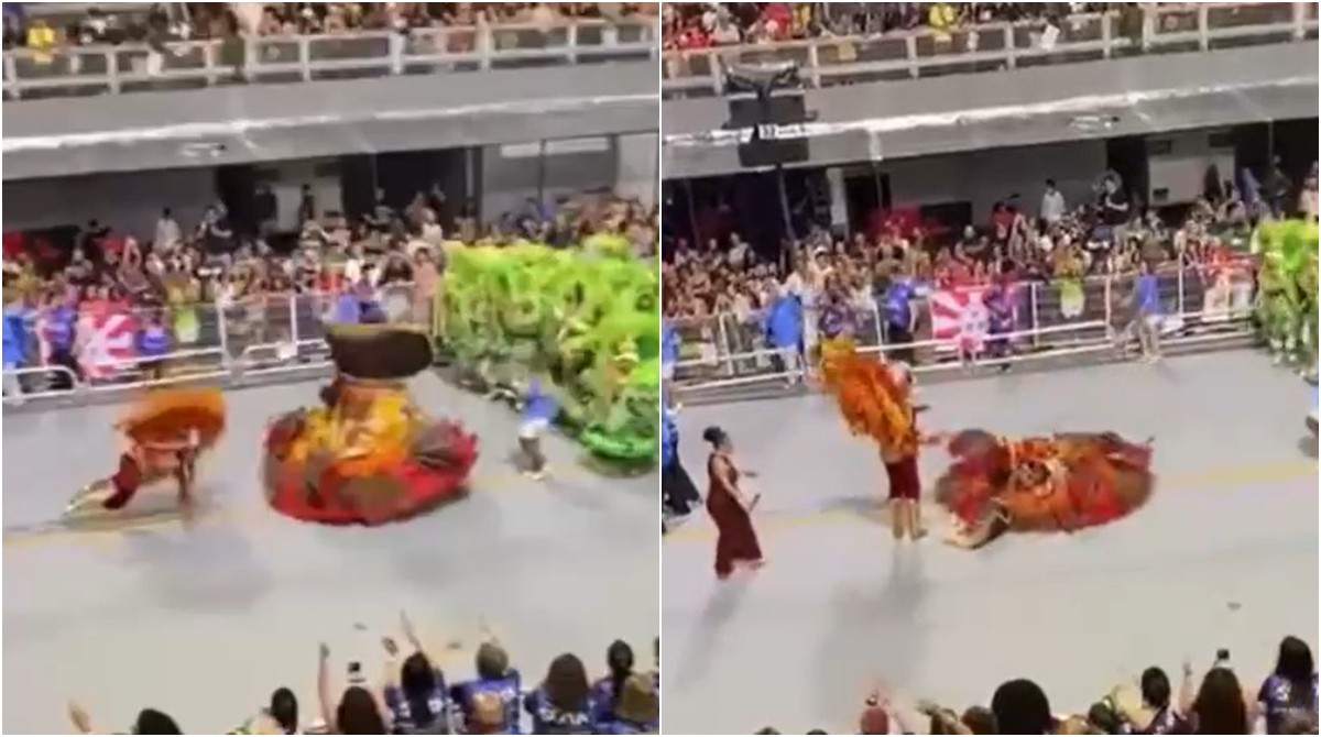 Vídeo mostra tombo de mestre-sala e porta-bandeira em SP