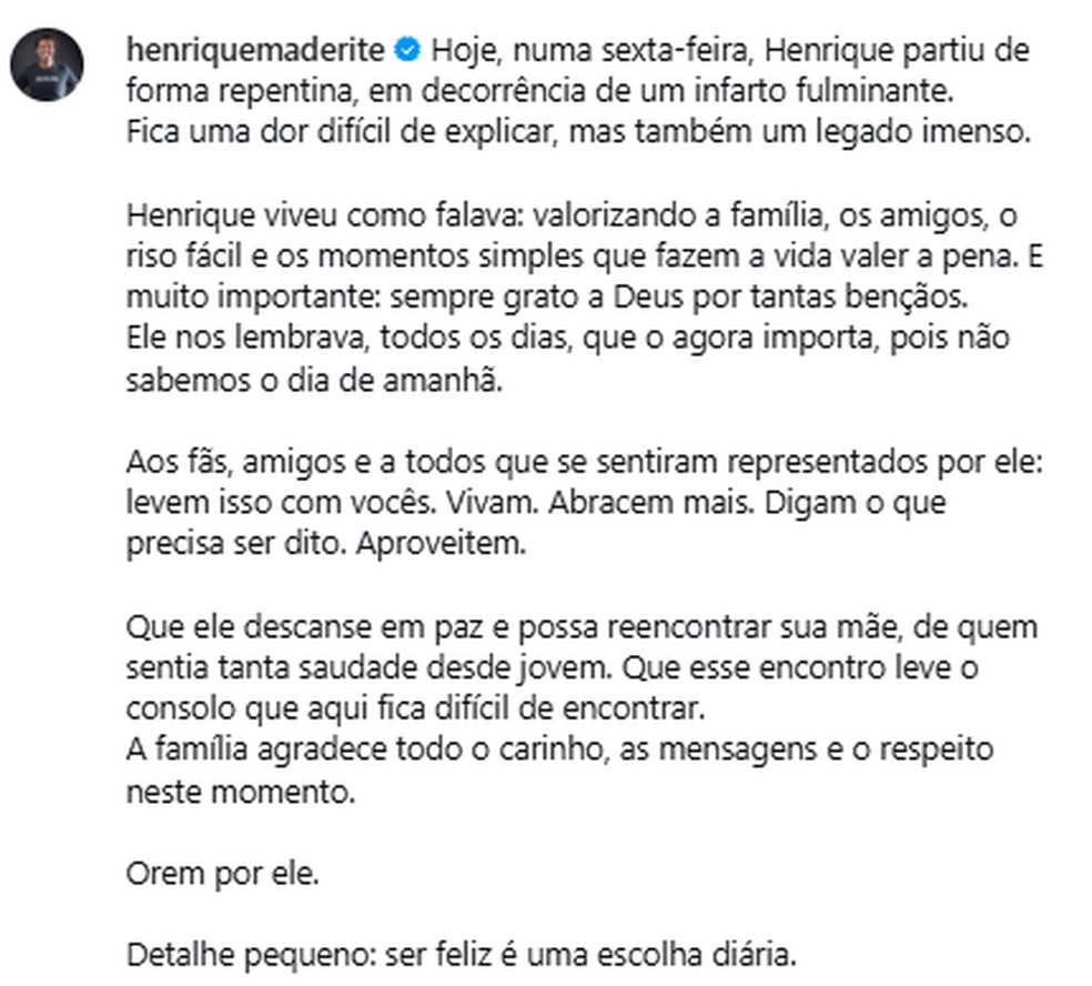 Comunicado da família de Henrique Maderite nas redes sociais — Foto: Instagram/ Reprodução