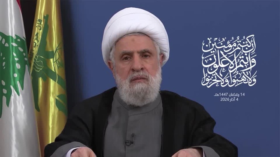 O chefe do Hezbollah, Naim Qassem — Foto: AL MANAR TV