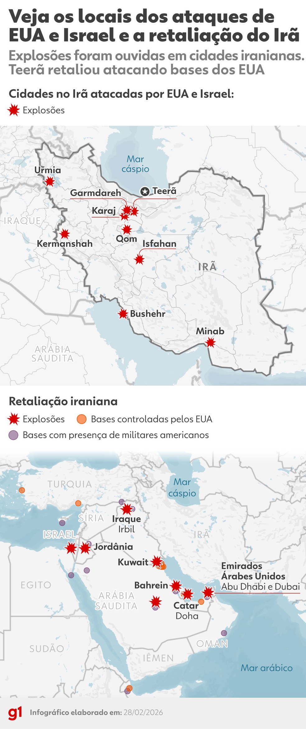 Versão 7 - Mapa mostra locais dos ataques no Irã e a retaliação — Foto: Editoria de Arte/g1
