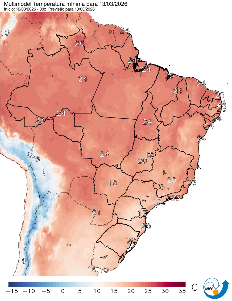 Mapa mostra previsão de temperatura mínima para esta sexta (13). — Foto: CPTEC/Inpe