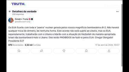 EUA proibiram Israel de voltar a bombardear o Líbano, diz Trump