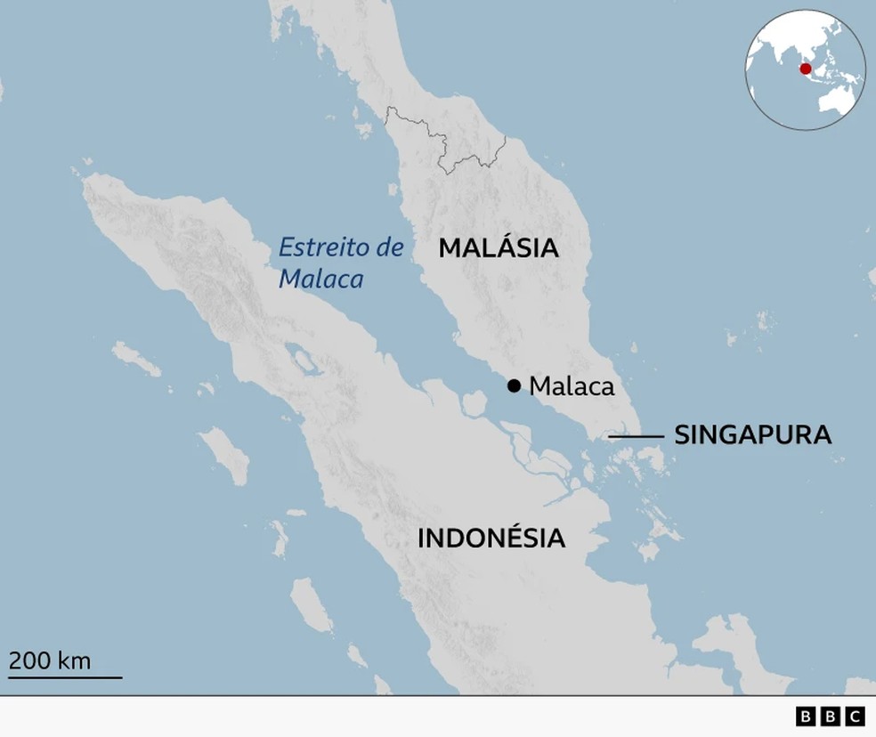 Perto de Singapura, o Estreito de Malaca tem apenas cerca de 2,8 km de largura — Foto: BBC
