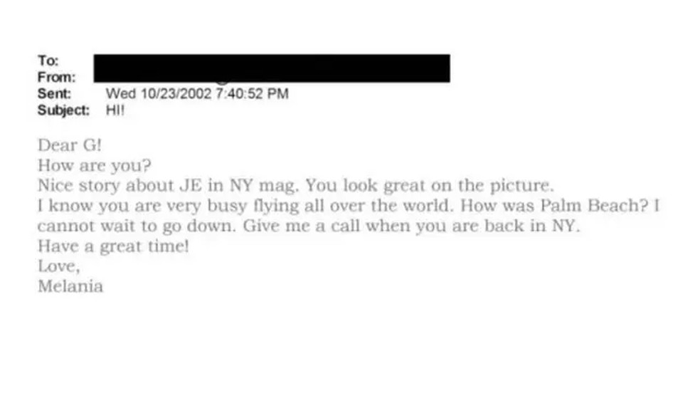 Uma imagem de um e-mail enviado por Melania Trump a Ghislaine Maxwell — Foto: US Department of Justice