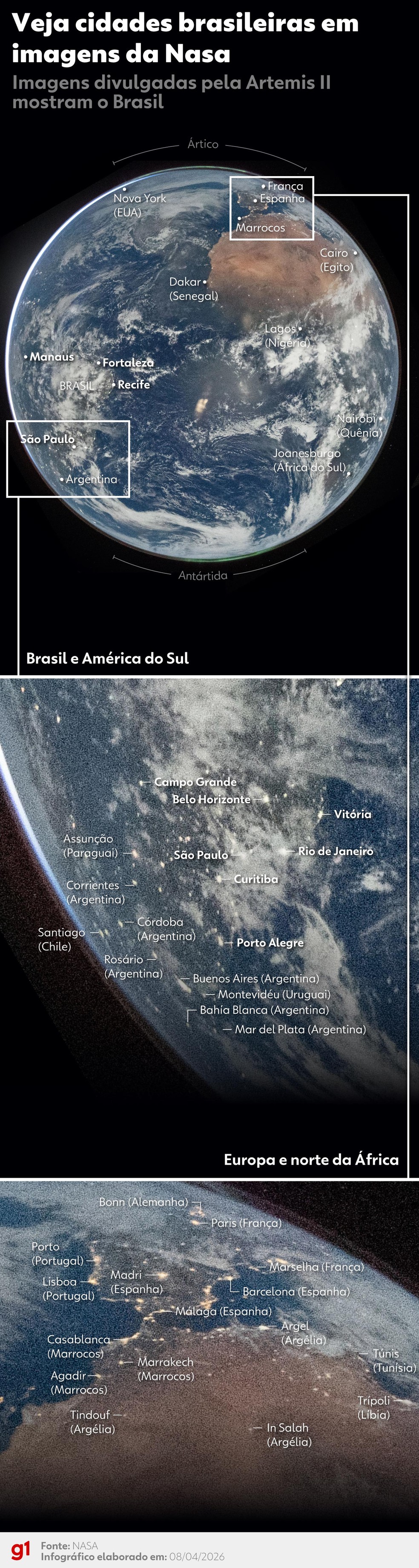 Infográfico mostra cidades pelo Brasil em imagem da Nasa — Foto: Arte/g1