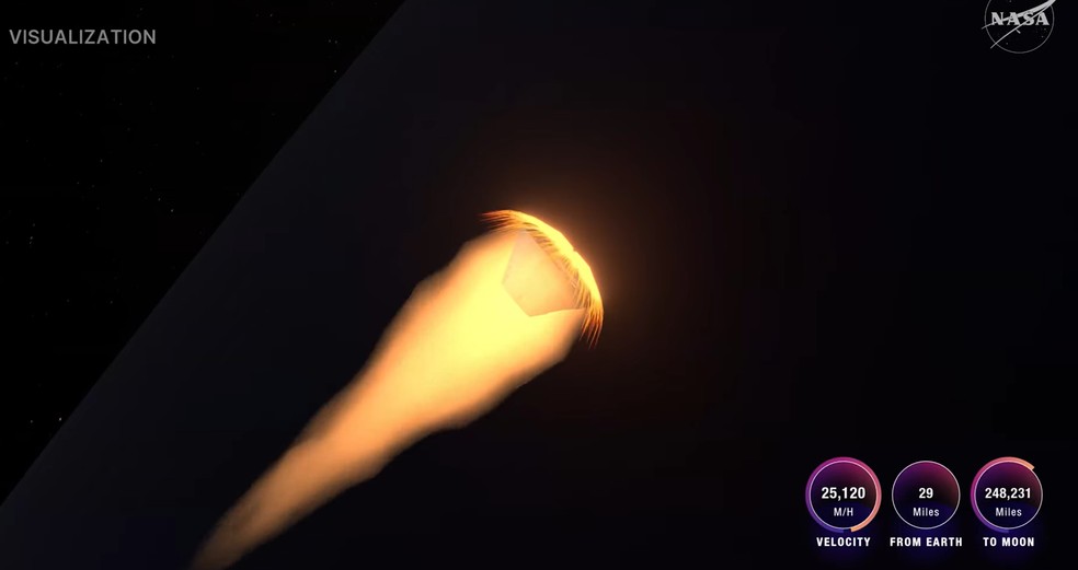 Simulação da Nasa mostrando plasma que se acumula ao redor da cápsula. Tripulantes ficarão seis minutos sem comunicação. — Foto: Reprodução/YouTube