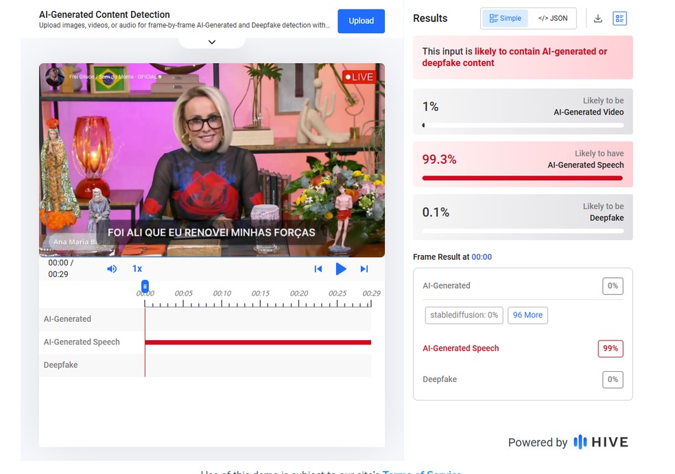 HiveModeration aponta uso de IA em vídeo. — Foto: Reprodução
