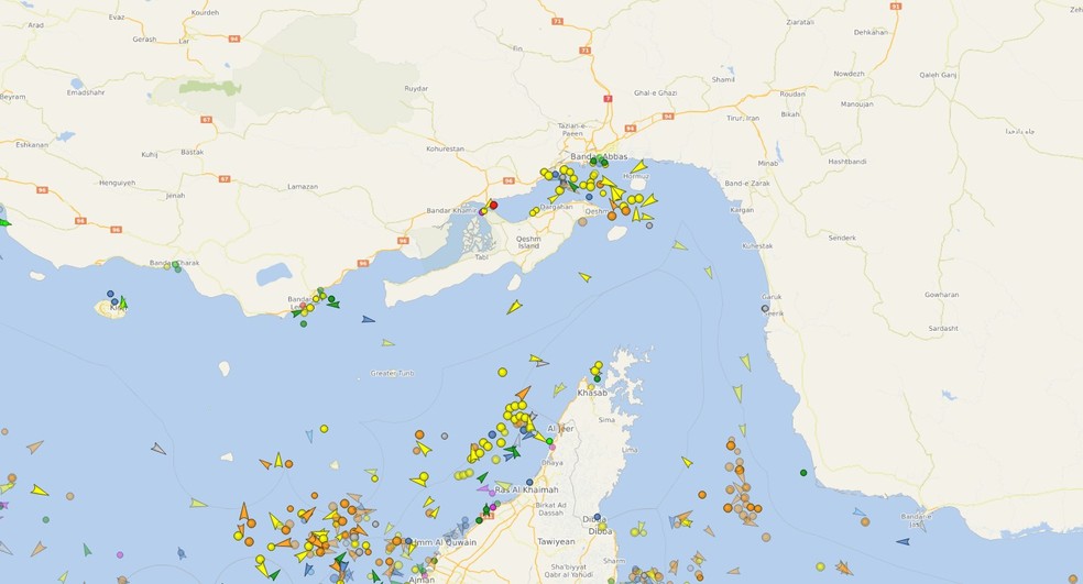8 de abril de 2026: Tráfego naval volta a ser interrompido após ataques de Israel ao Líbano — Foto: Reprodução/VesselFinder