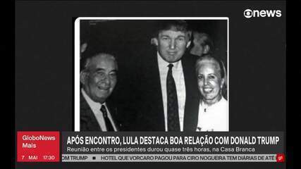 Imagem mostra Trump ao lado de Vicente Matheus, ex-presidente do Corinthians, e esposa