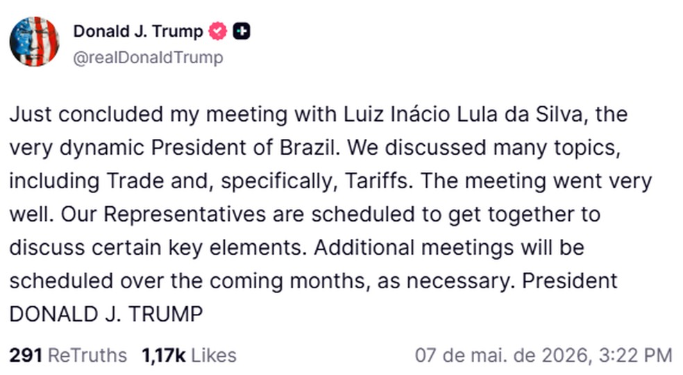 Post de Trump sobre encontro com Lula na Truth Social — Foto: Reprodução