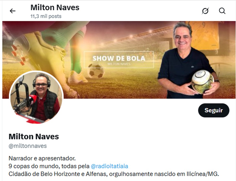 Perfil de Milton Naves na rede social X. — Foto: Redes sociais