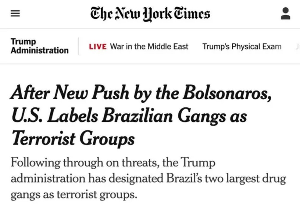 Jornal americano New York Times destacou pressão da família Bolsonaro na decisão de Washington — Foto: Reprodução