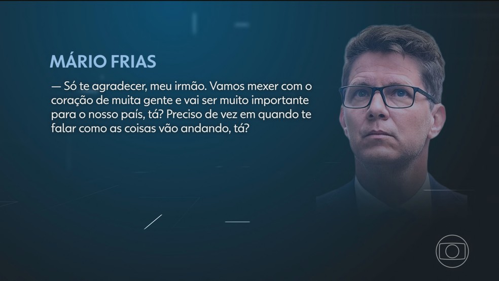 Mensagem do deputado federal Mário Frias, do PL, agradecendo a Vorcaro pelo apoio financeiro a filme sobre Jair Bolsonaro — Foto: Jornal Nacional/ Reprodução