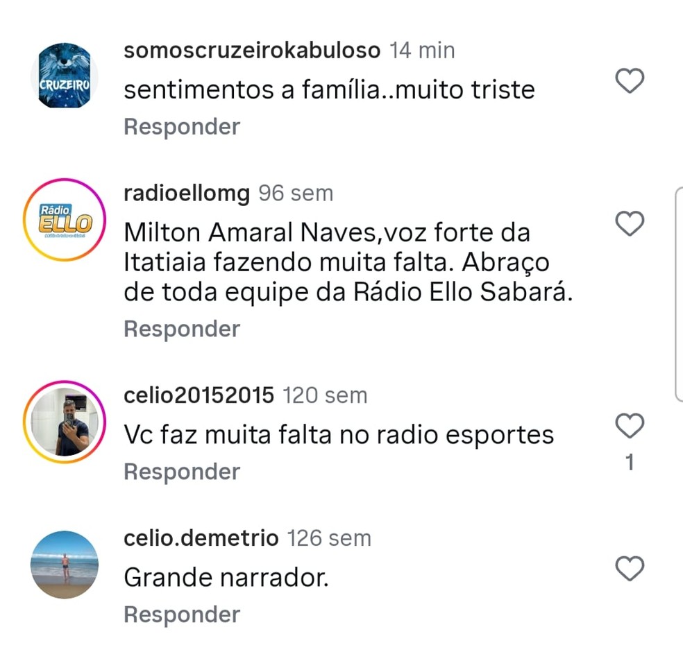 Fãs e seguidores de Milton Naves manifestaram tristeza pela morte. — Foto: Redes sociais