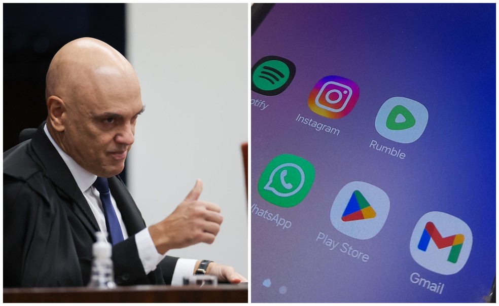 Alexandre de Moraes (à direita); Rumble (à esquerda) e Trump Media já havia pedido sanções ao ministro antes, mas a liminar foi negada — Foto: Antonio Augusto/STF e reprodução