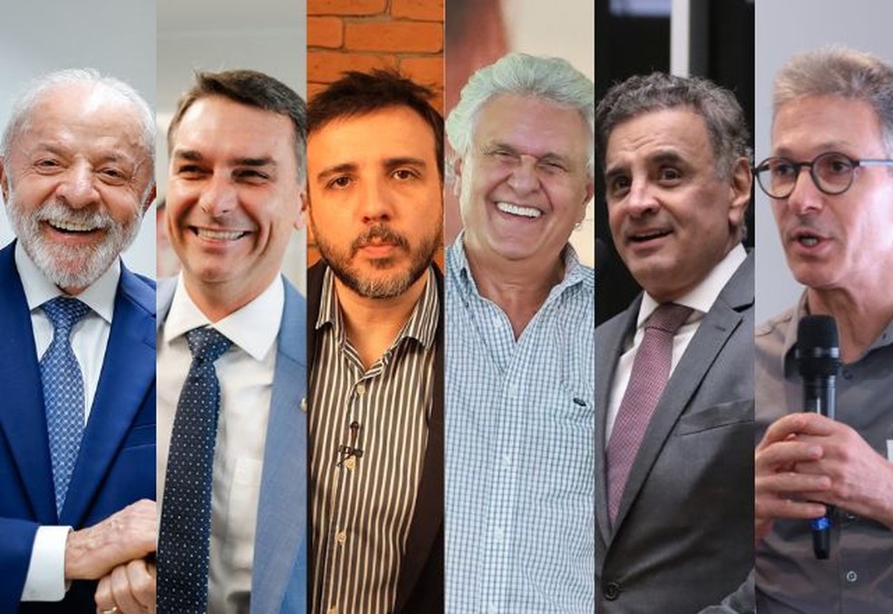 Lula, Flávio Bolsonaro, Renan Santos, Caiado, Aécio e Zema — Foto: Divulgação e reprodução