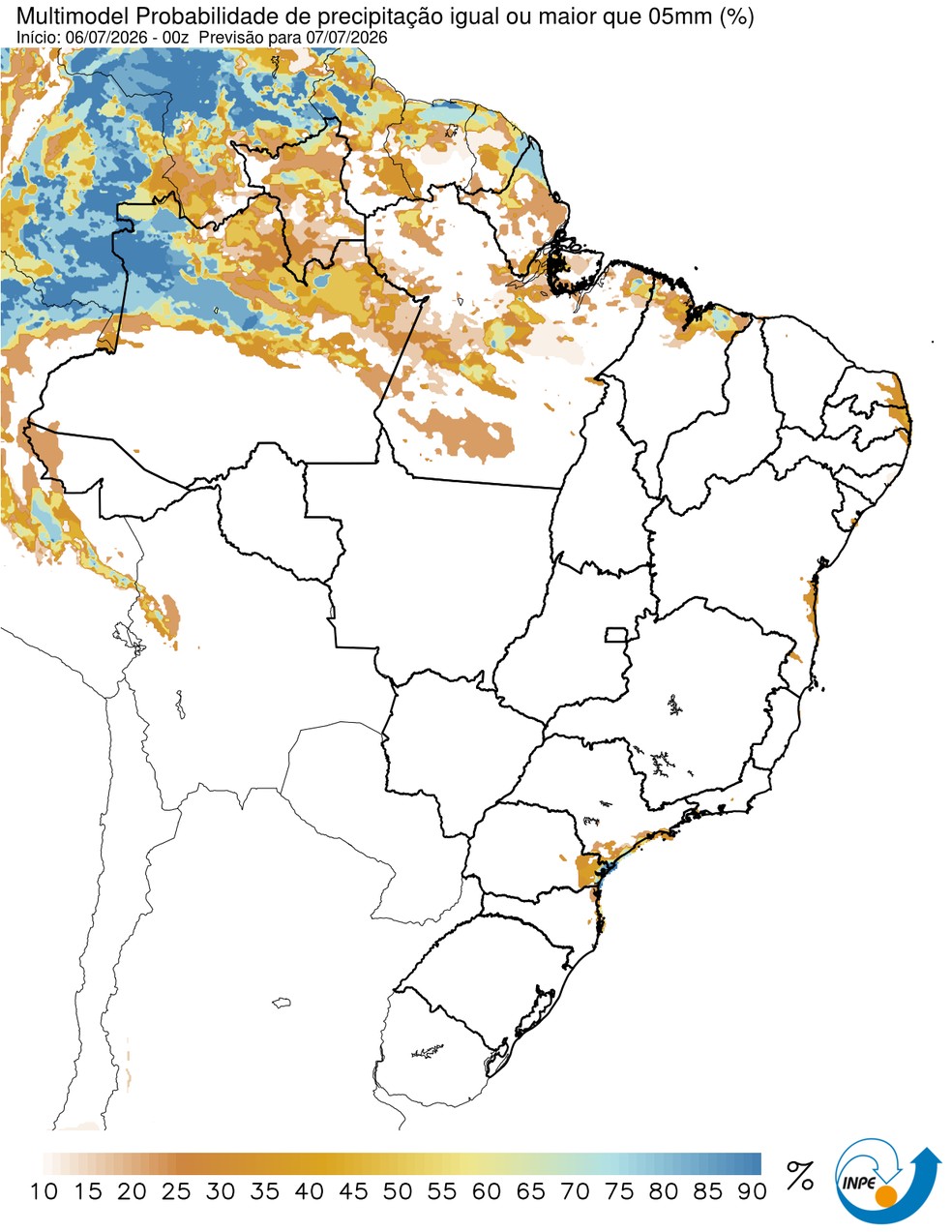 Previsão de chuva nesta terça em todo o país. — Foto: CPTEC/Inpe