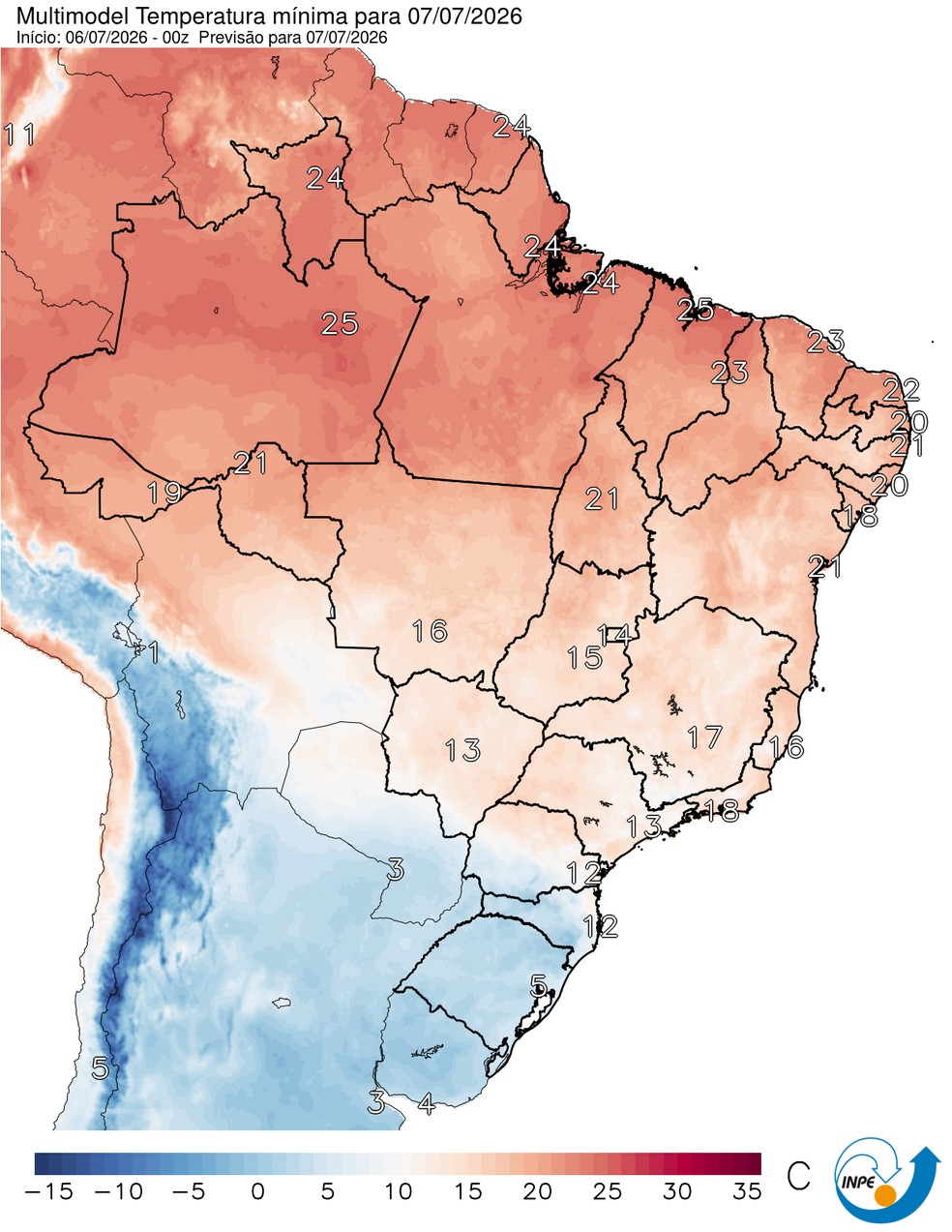 Temperaturas mínimas previstas para esta terça em todo o Brasil. — Foto: CPTEC/Inpe