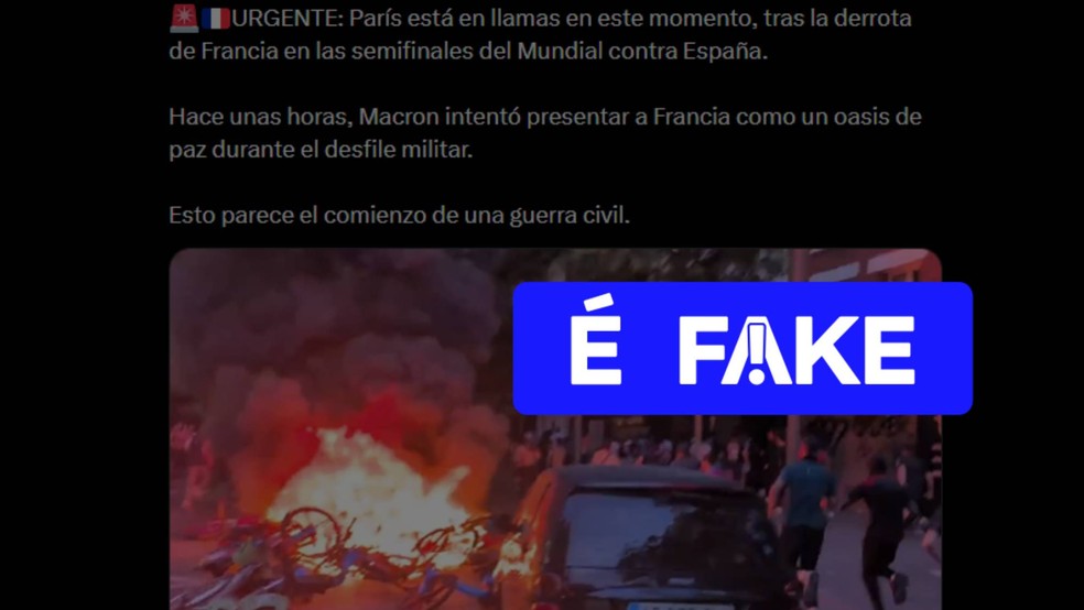 É #FAKE que vídeo mostre caos em Paris após França x Espanha na Copa; vídeo foi gravado em maio durante festa de título do PSG — Foto: Reprodução