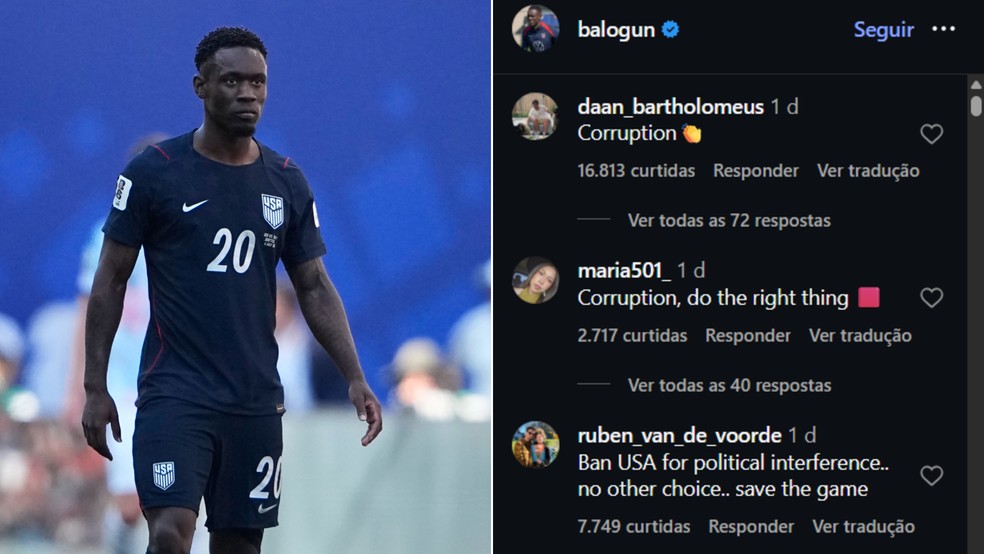Comentários após Fifa anular expulsão de Balogun — Foto: AP Photo/Lindsey Wasson; Reprodução