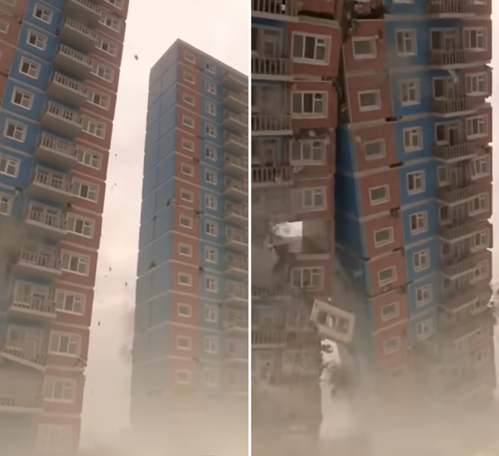 Simulação criada em videogame mostra dois prédios sendo demolidos. — Foto: Reprodução/Redes Sociais