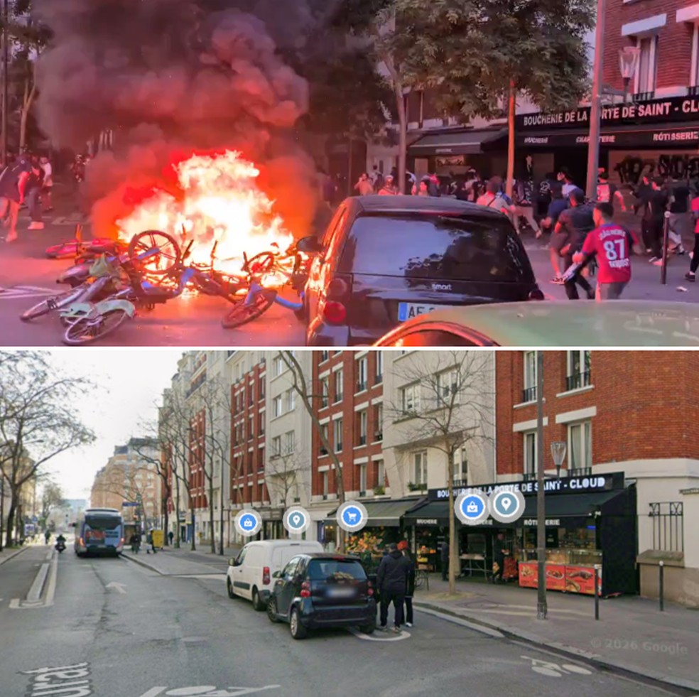 Vídeo de barricada de bicicletas foi gravado em 30 de maio, em Paris, após a vitória do PSG em cima do Arsenal. — Foto: Reprodução/Redes Sociais e Google Maps