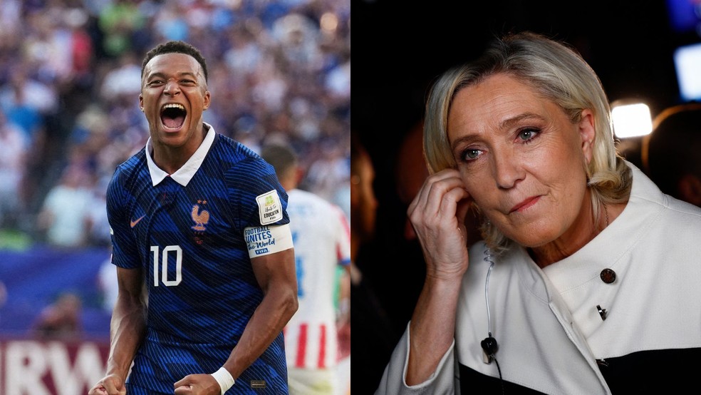 Kylian Mbappé, atacante da seleção da França, e Marine Le Pen, líder do partido francês de extrema direita Reunião Nacional. — Foto: Reuters/James Lang/Sarah Meyssonnier